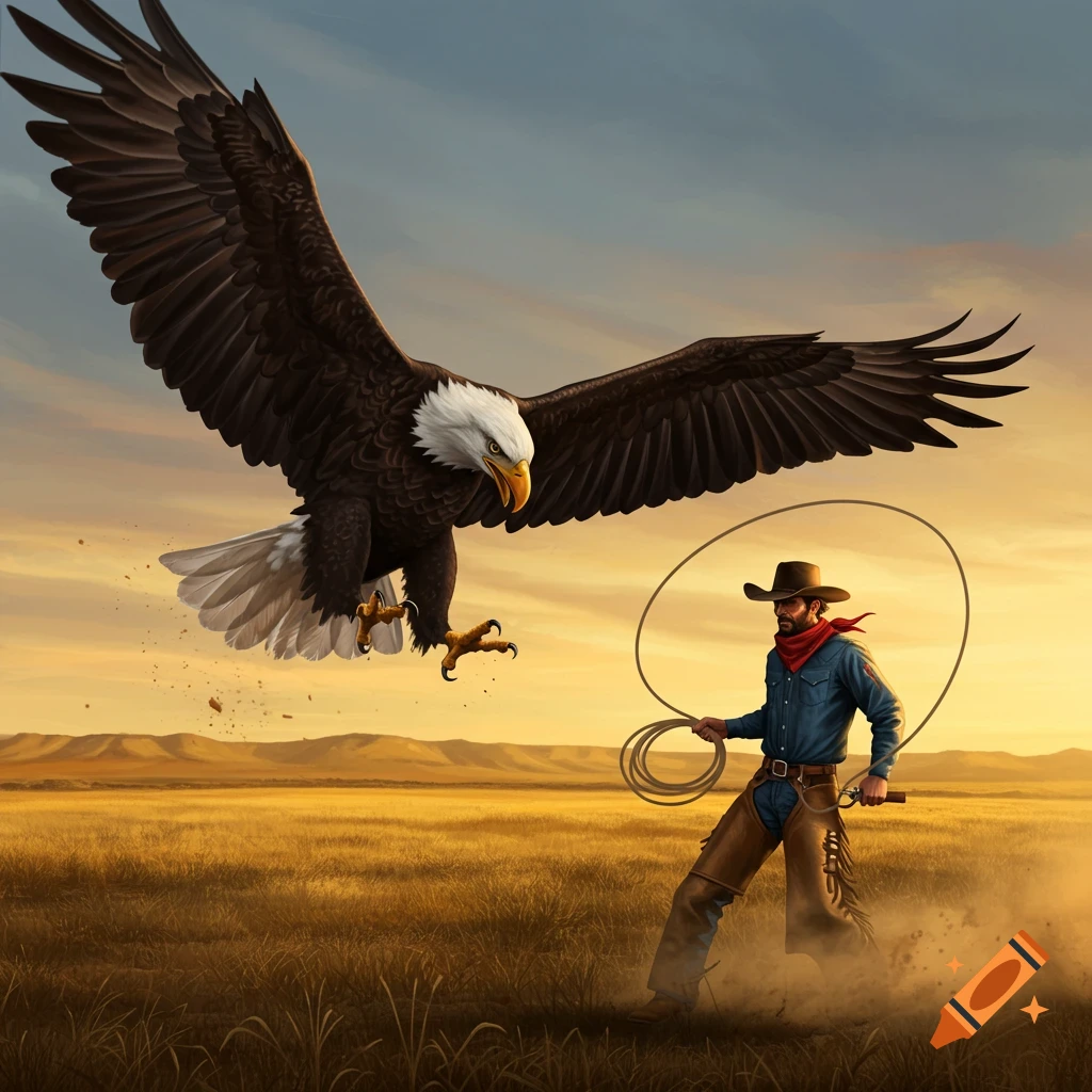 A dramatic illustration of a large bald eagle with outstretched wings descending towards a cowboy holding a lasso in a sunlit field.