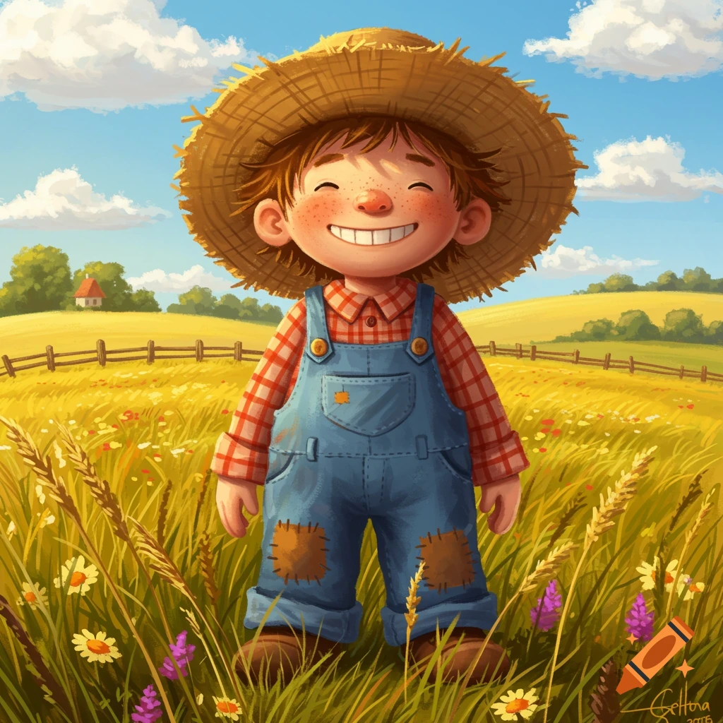 A smiling cartoon boy in a straw hat and overalls stands in a sunny, green and yellow field.