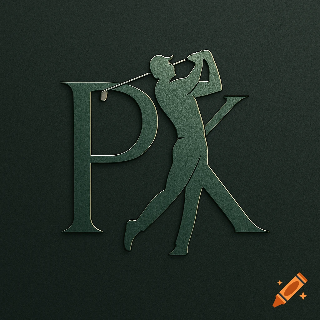 Stylized gold-embossed logo with the letter P and a golfer silhouette forming the letter K on a dark green background.
