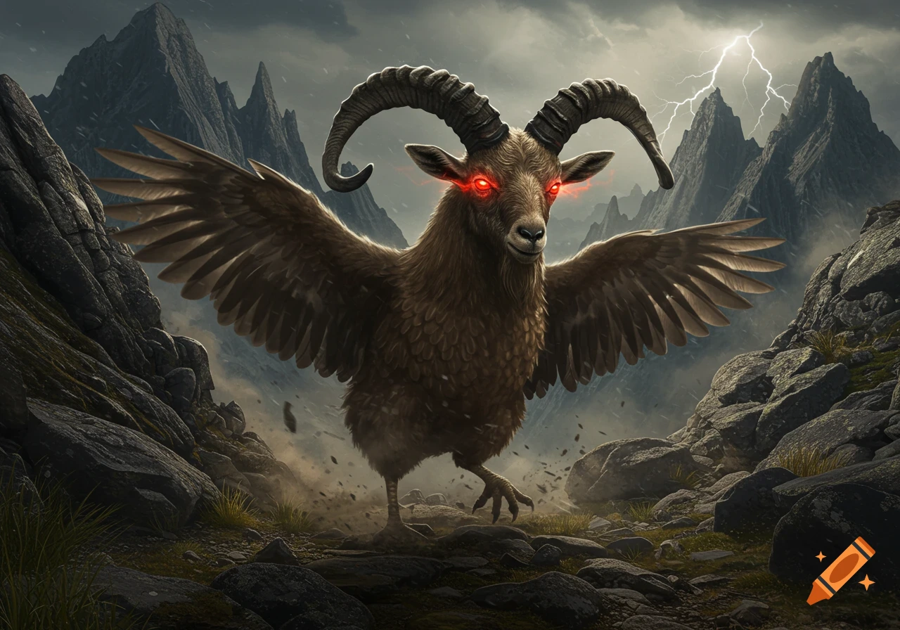 A fierce winged goat with glowing red eyes stands in a stormy, rocky mountain landscape with lightning.