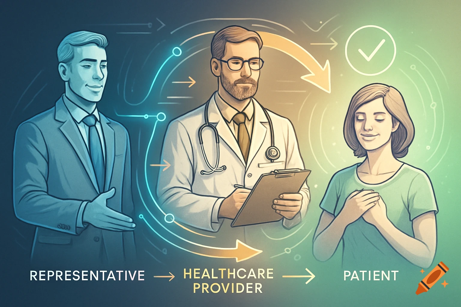 Illustrative diagram showing a representative, a doctor, and a patient with connecting arrows and a checkmark.