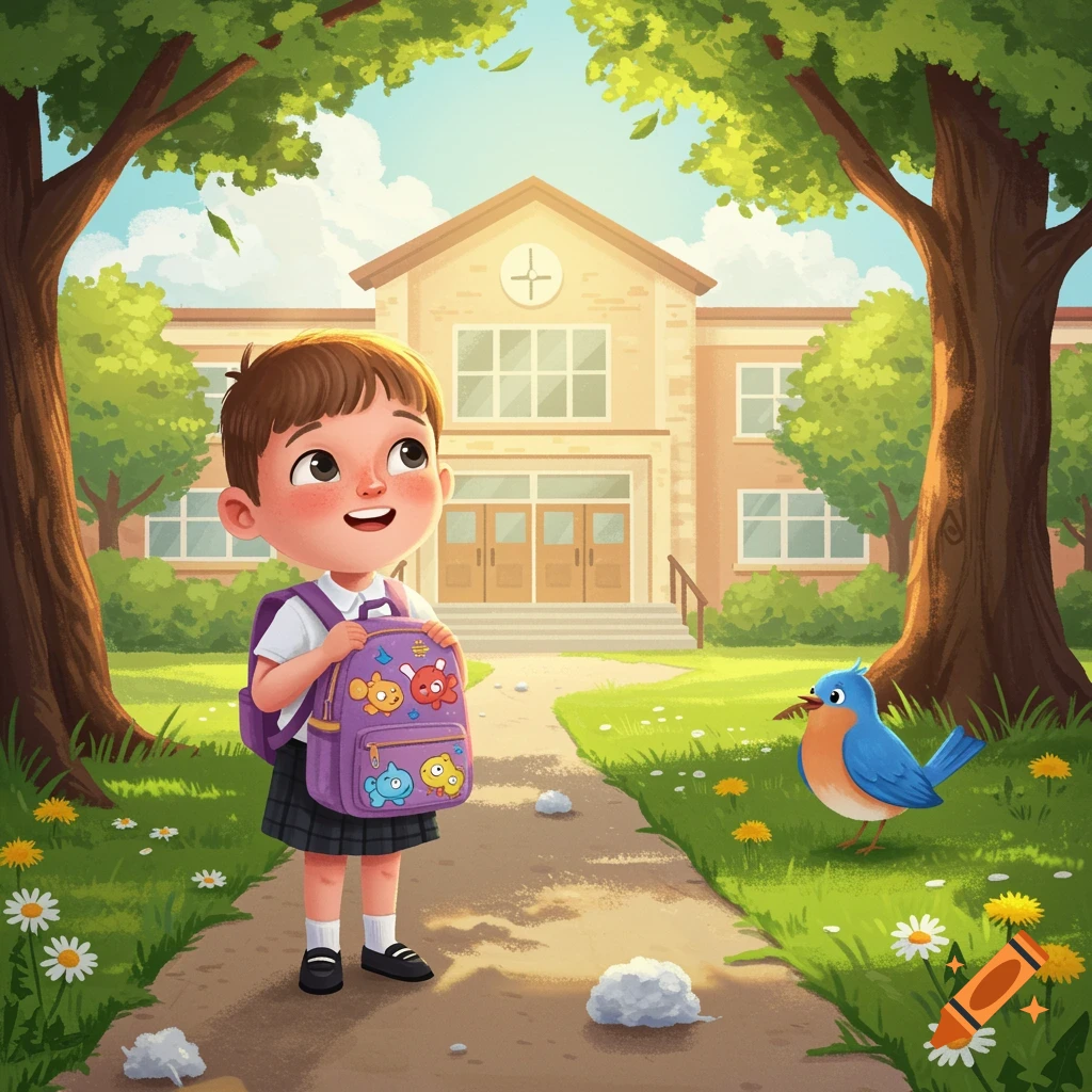 A smiling cartoon child with a purple backpack stands on a school path with trees and a blue bird.