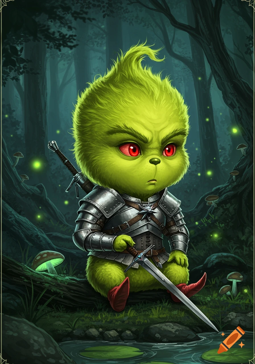 A stylized baby Grinch in shining silver armor, with red eyes, holds a sword while sitting on a log in a dark, magical forest with glowing mushrooms and fireflies.