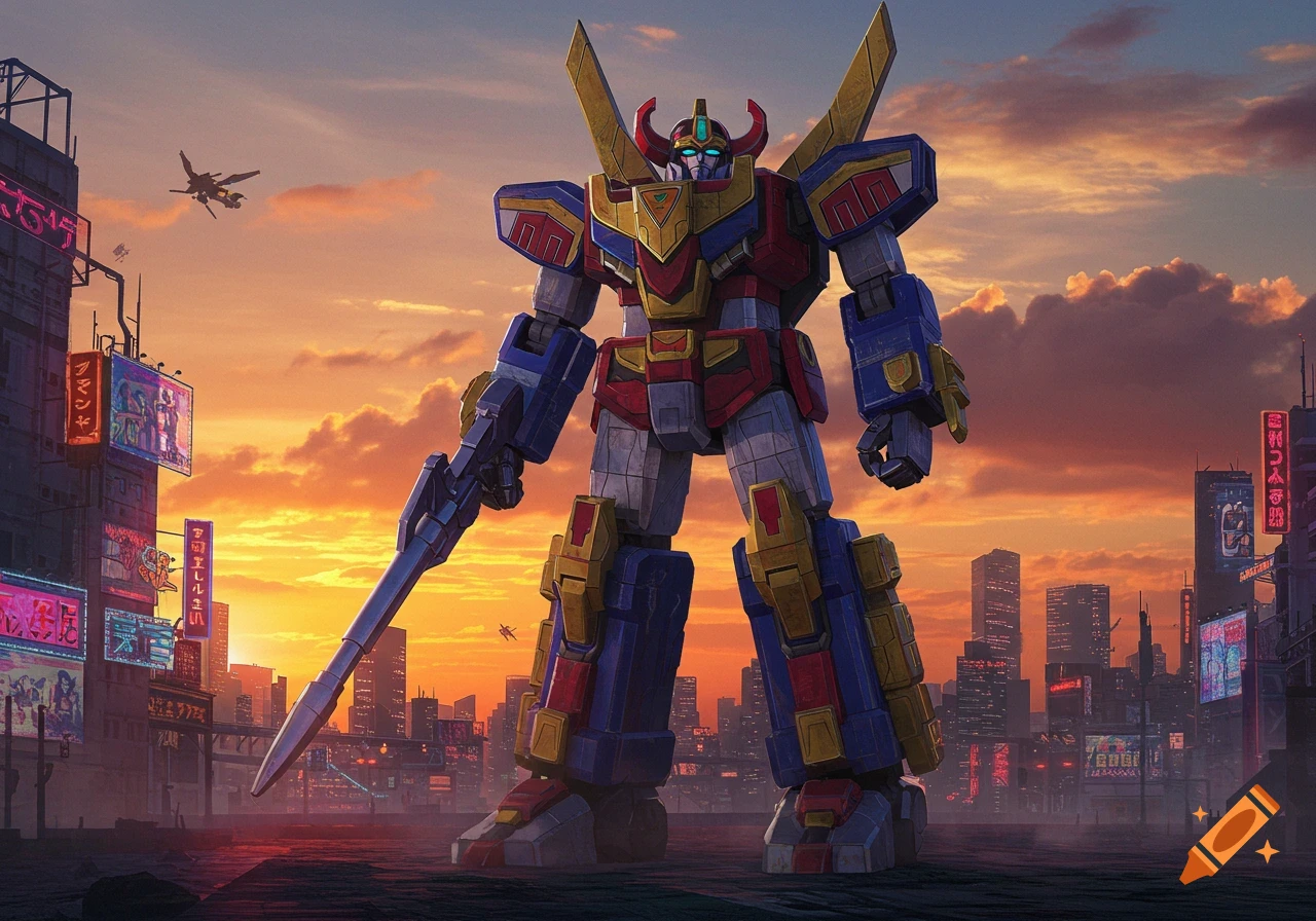 A giant red, blue, and gold robot stands with a weapon in a futuristic city at sunset, with a golden sky.
