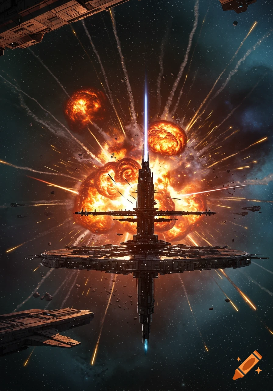 A large futuristic space station engulfed in massive explosions in space, surrounded by smaller starships and debris.