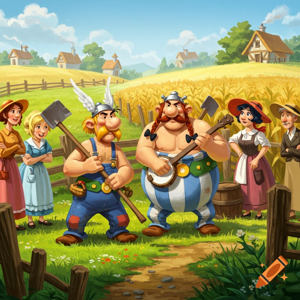 Cartoon men resembling Asterix and Obelix, one with a shovel and one with a banjo, in a sunny rural landscape with villagers and farmhouses.