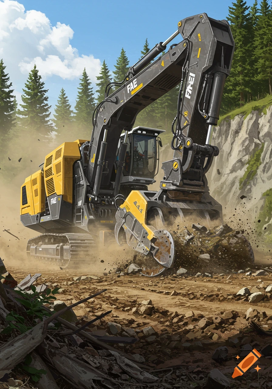 A powerful yellow and grey excavator with a large mulching attachment digs into a dirt path, kicking up dust and debris, against a background of green pine trees and a rocky hillside under a blue sky.