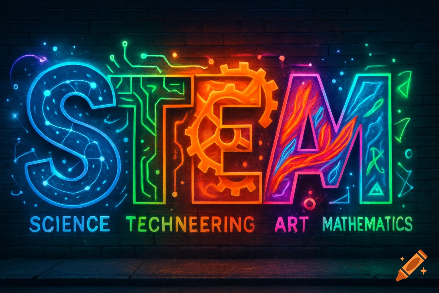 Colorful neon sign saying 'STEAM' with associated words below, rendered as street art on a dark brick wall.