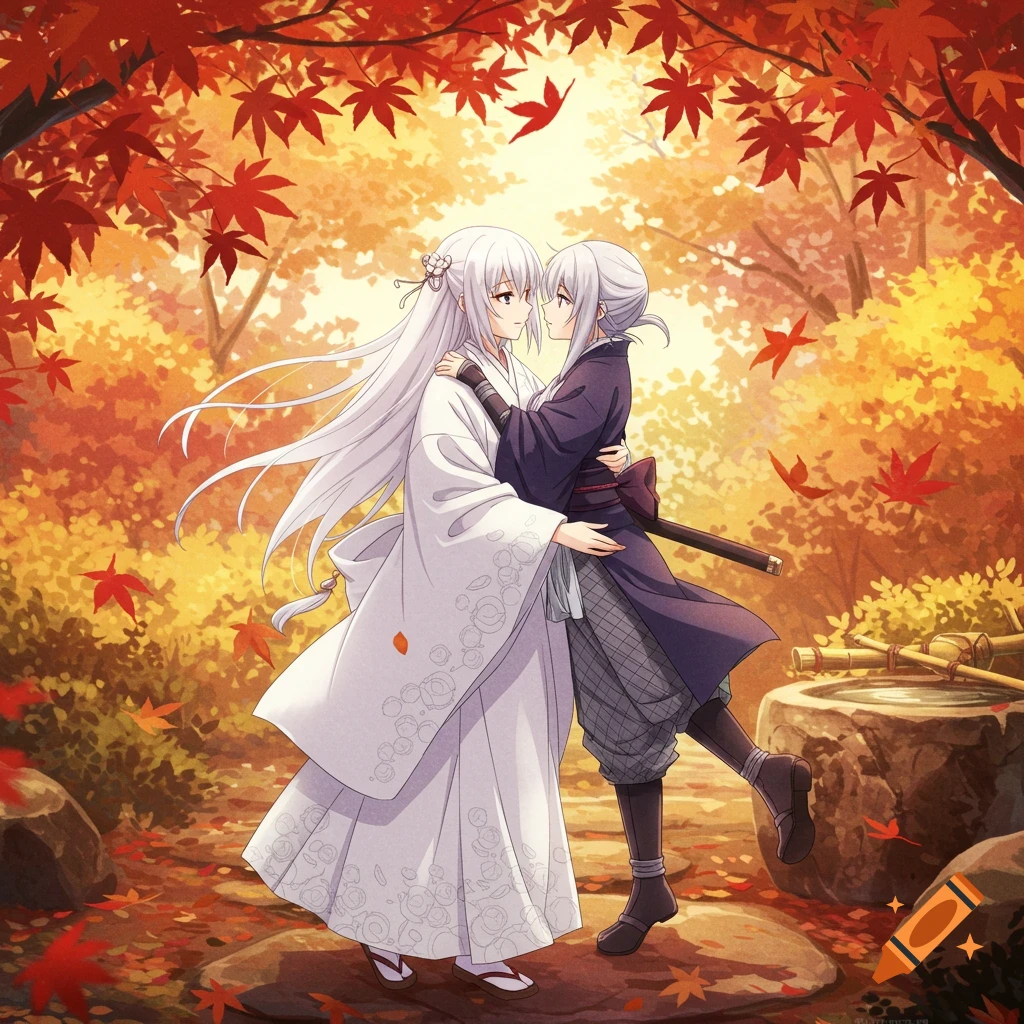 Two anime girls with white hair embrace in a vibrant autumn forest with red and orange maple leaves.