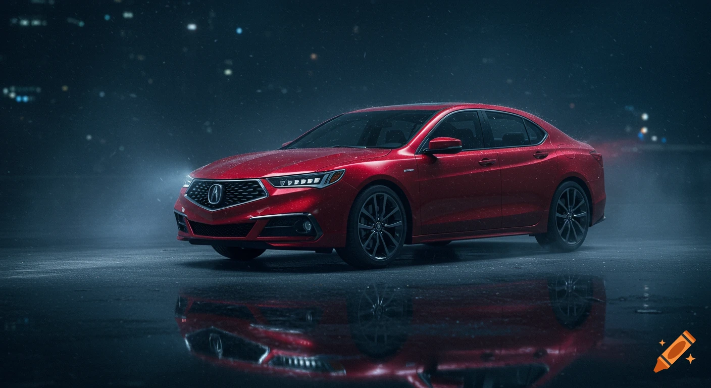 A vibrant red 2018 Acura TLX A-spec sedan parked on a wet, dark road at night, with city lights blurred in the background and rain visible.