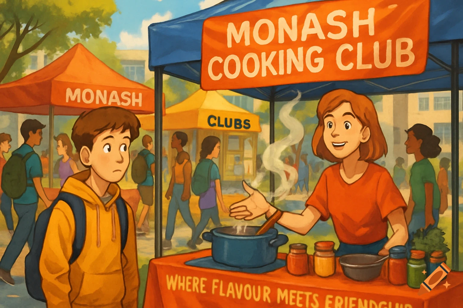 A young man with a backpack looks towards a friendly young woman at a "Monash Cooking Club" stall on a busy university campus.