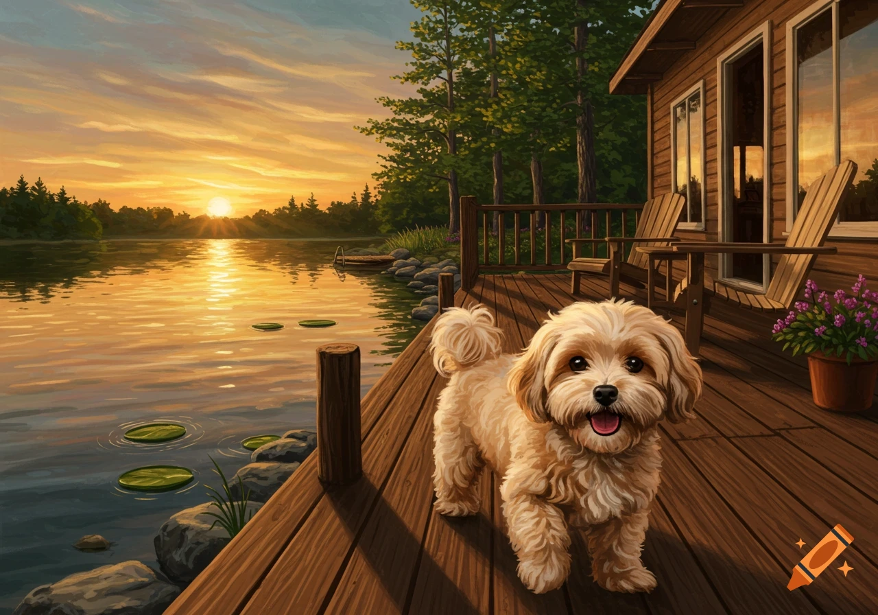 A cute Maltipoo dog smiles on a wooden dock by a lake house at sunset, in a painted illustration style.