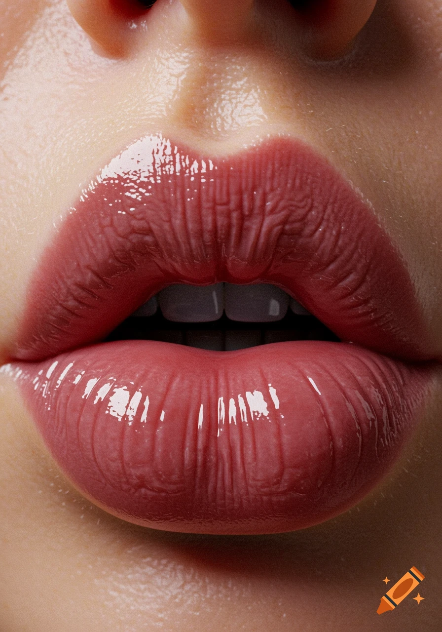 A hyper-realistic, close-up shot of glossy, reddish-pink lips, appearing overly large and swollen, with visible teeth.