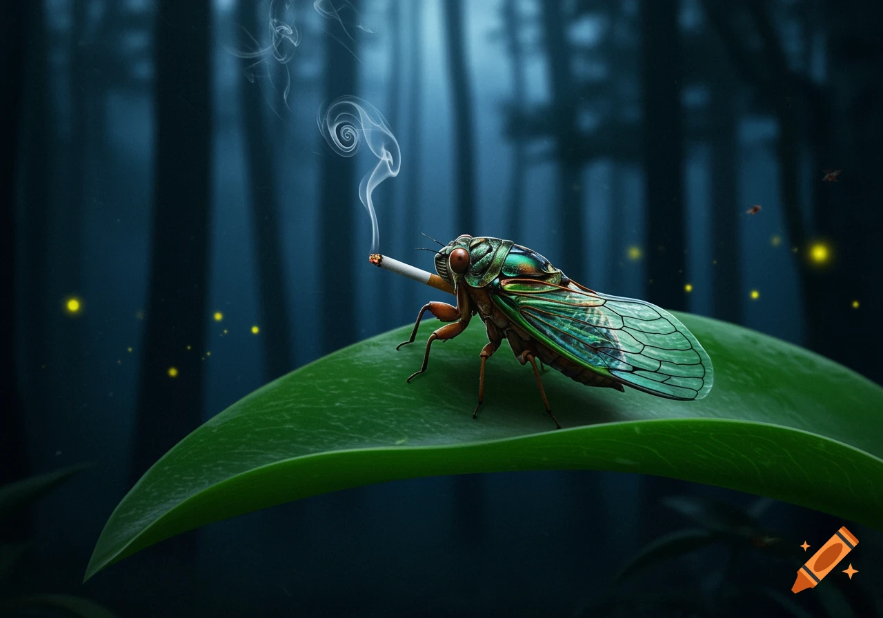 A green cicada with a glowing cigarette in its mouth sits on a large green leaf, with a dark, blurry forest and fireflies in the background.