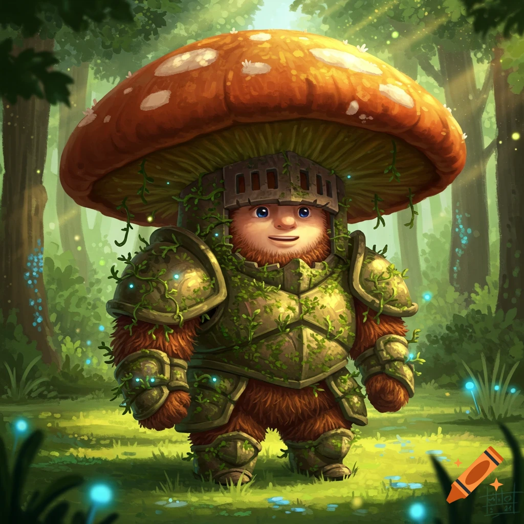 A friendly, hairy mushroom knight wearing leafy armor stands in a sunlit forest with glowing blue plants.