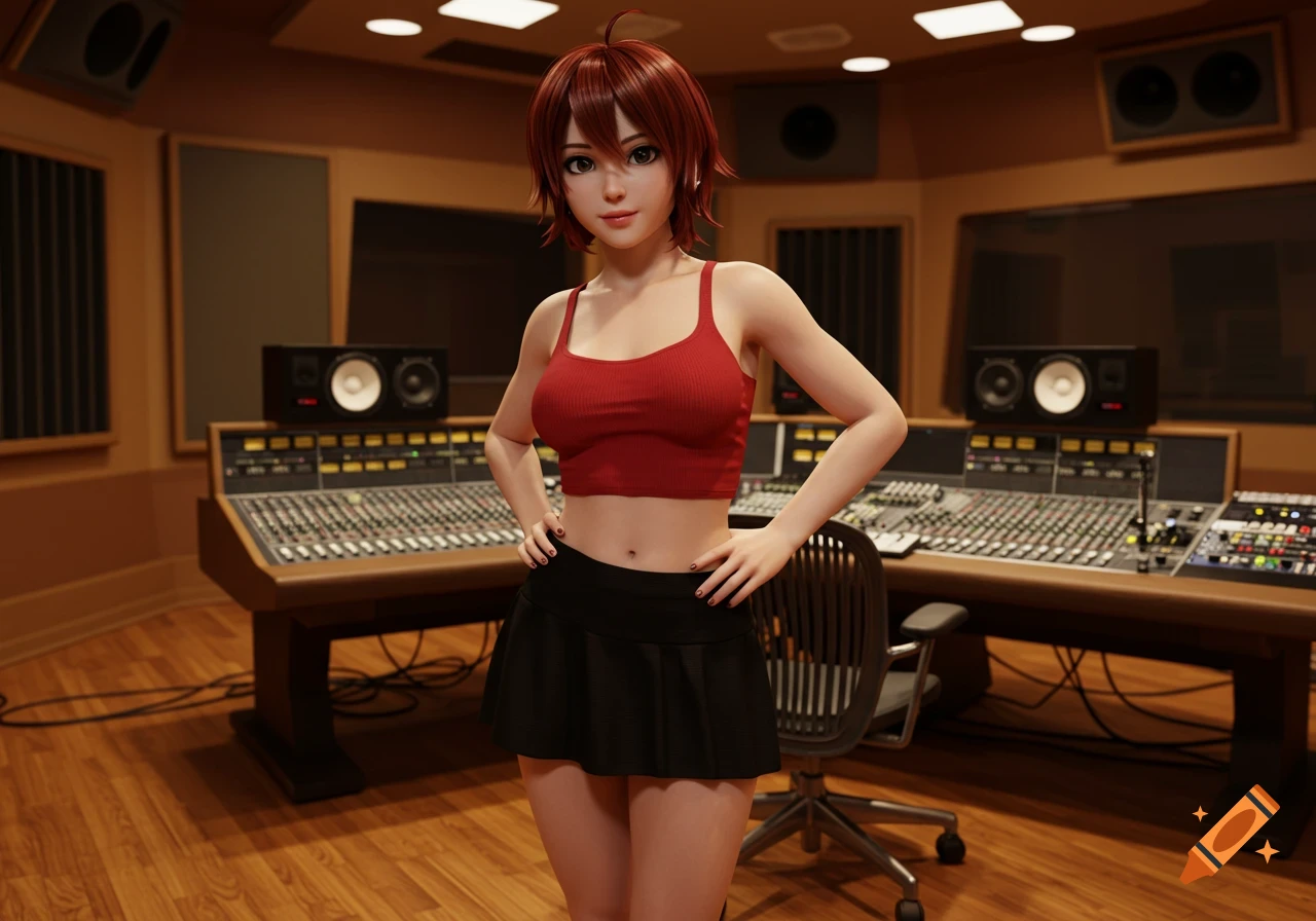 A red-haired woman in a red crop top and black skirt stands in a detailed music recording studio.