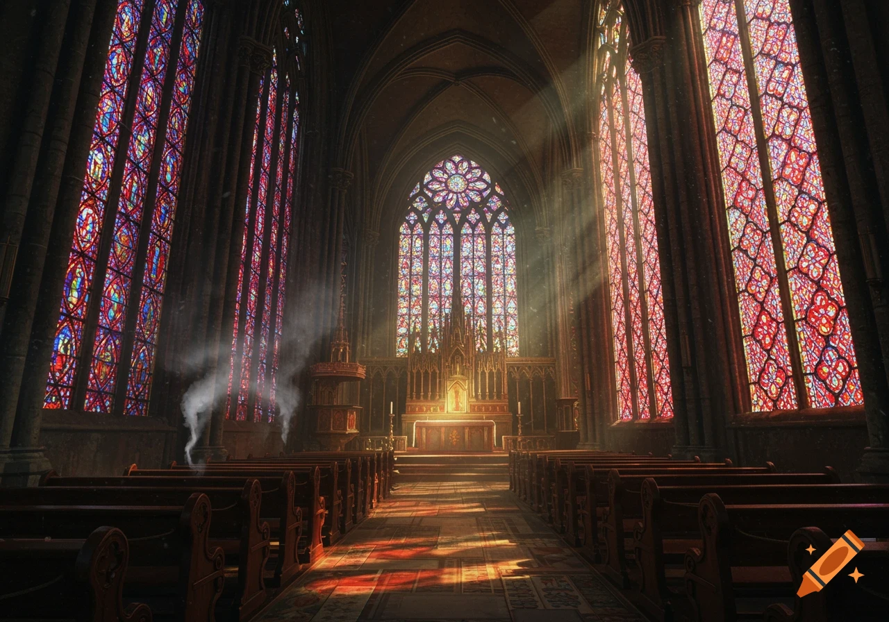 Interior of a grand gothic church with towering stained-glass windows, light rays streaming through, and empty wooden pews.
