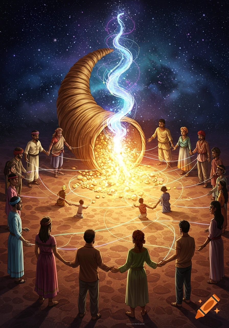 A diverse group of people holding hands around a glowing cornucopia, emitting light and energy under a starry sky.