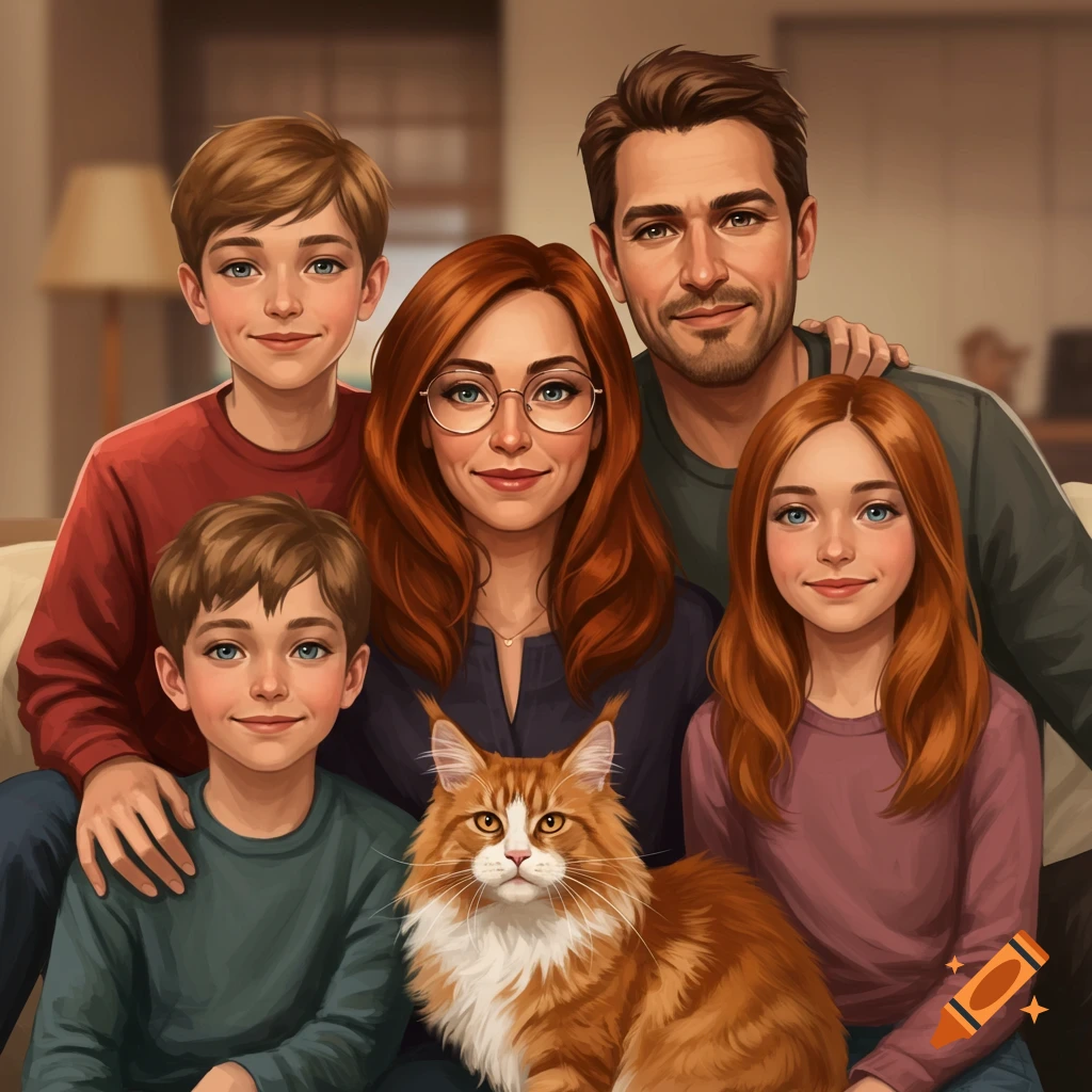 A stylized family portrait with parents, two children, and a ginger and white Maine Coon cat posing indoors.