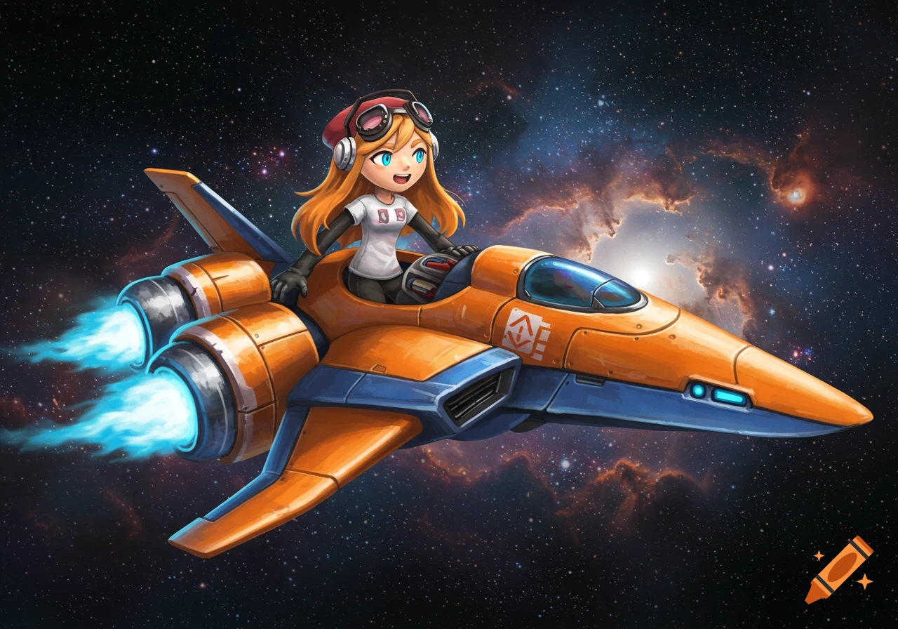 A cartoon character with orange hair and goggles pilots an orange and blue spaceship through a starry galaxy with a colorful nebula.