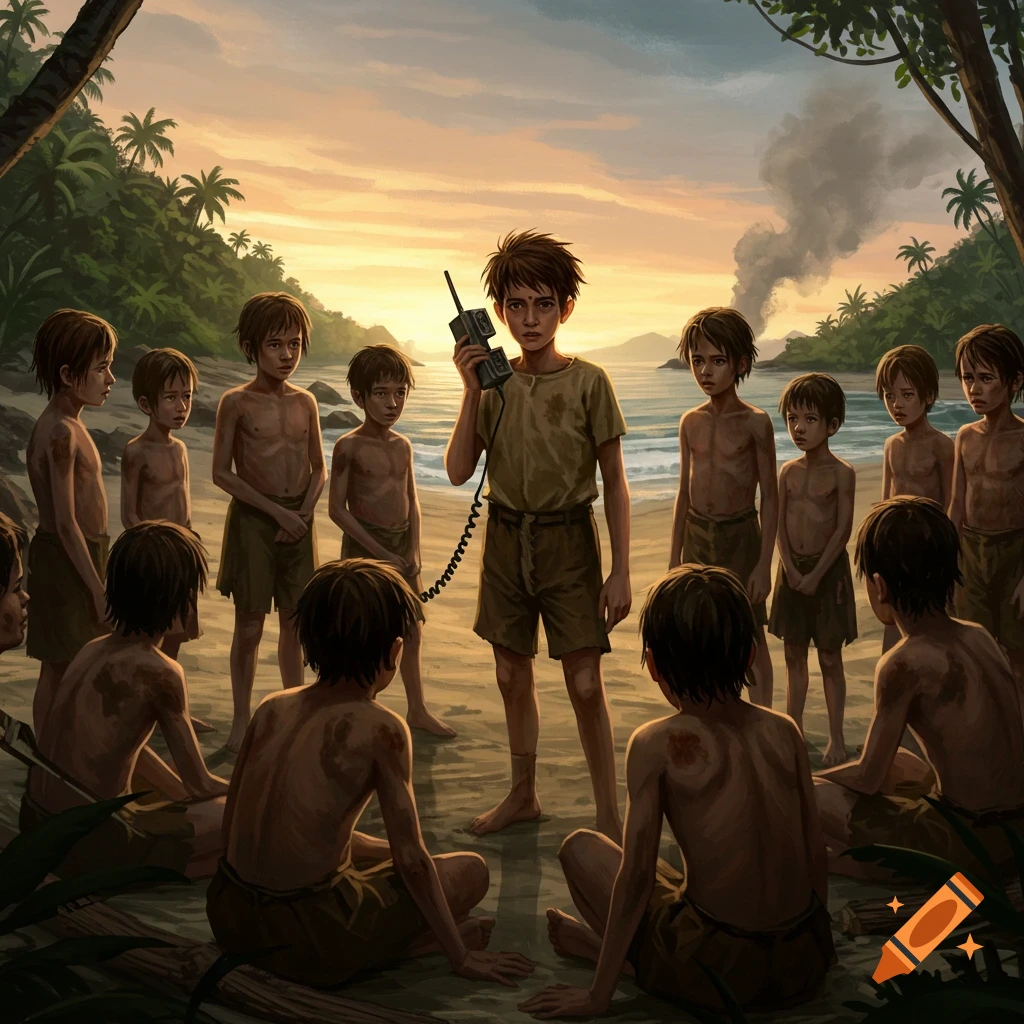 Illustration of boys gathered on an island beach, a leader holding an intercom, with smoke rising in the background at sunset.