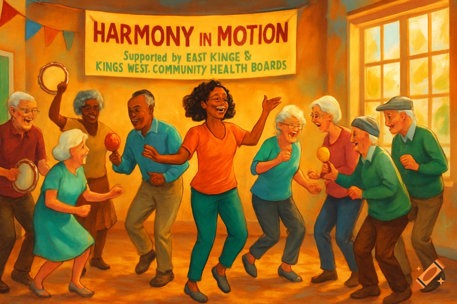 An uplifting illustration of a diverse group of joyful seniors dancing and playing instruments like tambourines and maracas in a bright community center. A banner in the background reads "Harmony in Motion."
