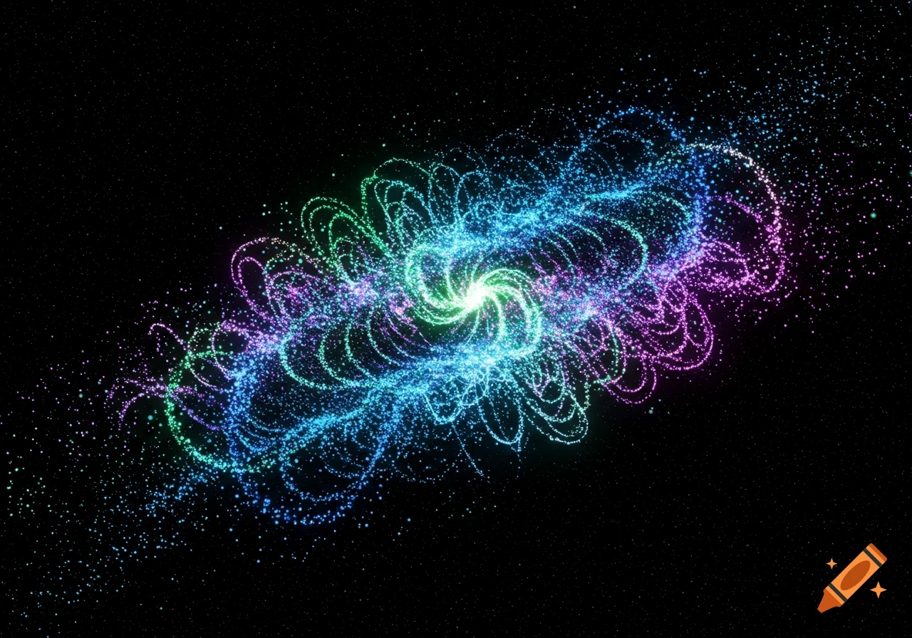 A vibrant, swirling cluster of glowing blue, green, and pink particles against a starry black background.