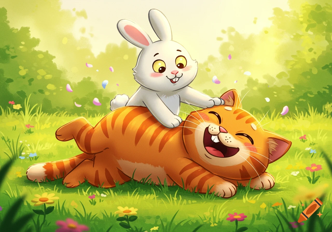 A cute cartoon white rabbit sits on the back of a happy orange tabby cat in a grassy field with flowers and pink petals.