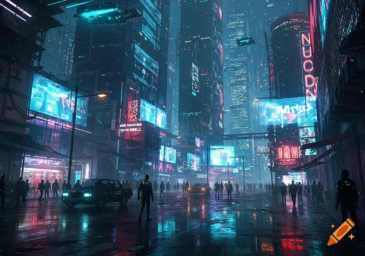 A dark, rainy cyberpunk city street at night, illuminated by vibrant neon signs and towering skyscrapers.