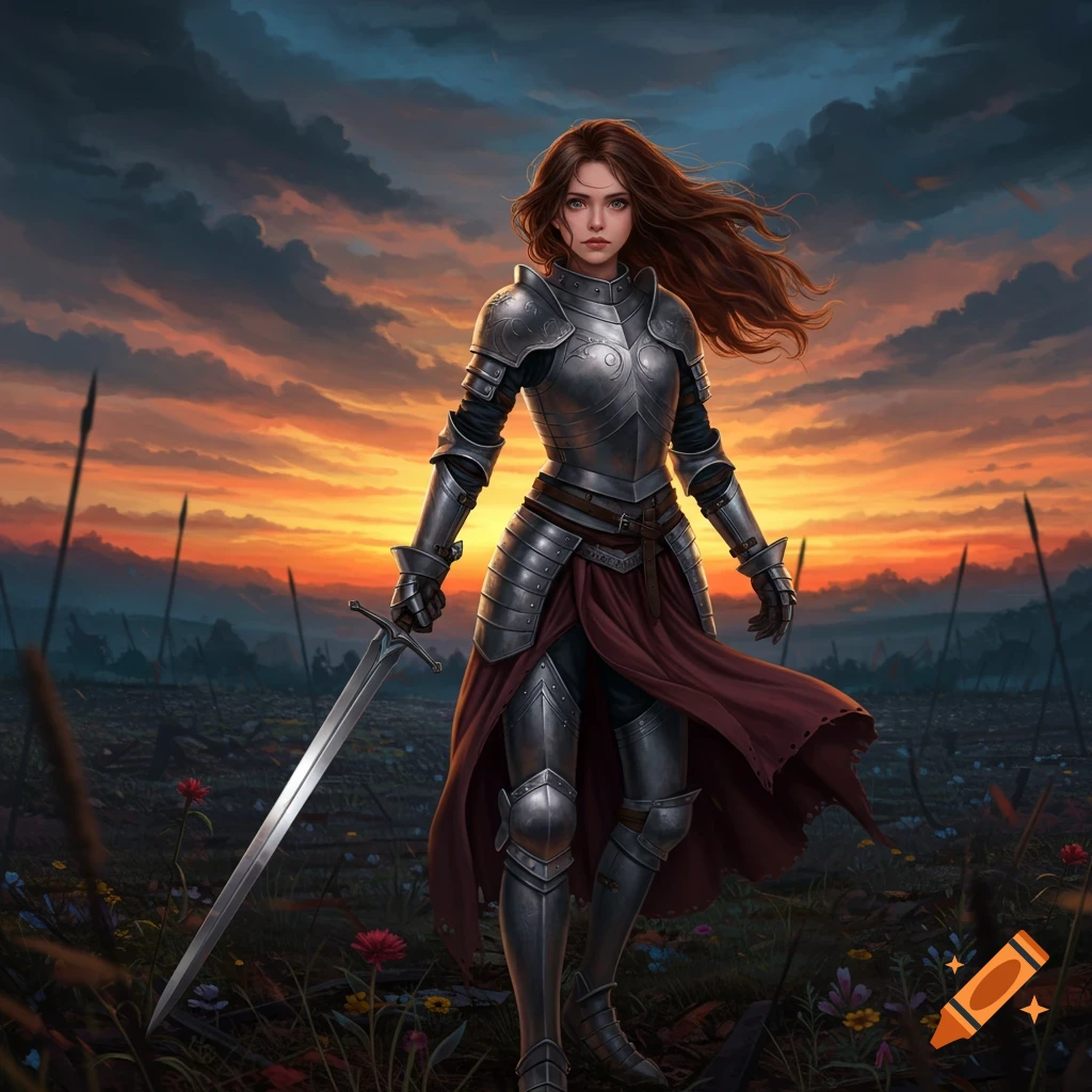 A female knight in full plate armor holds a sword on a battlefield at sunset.
