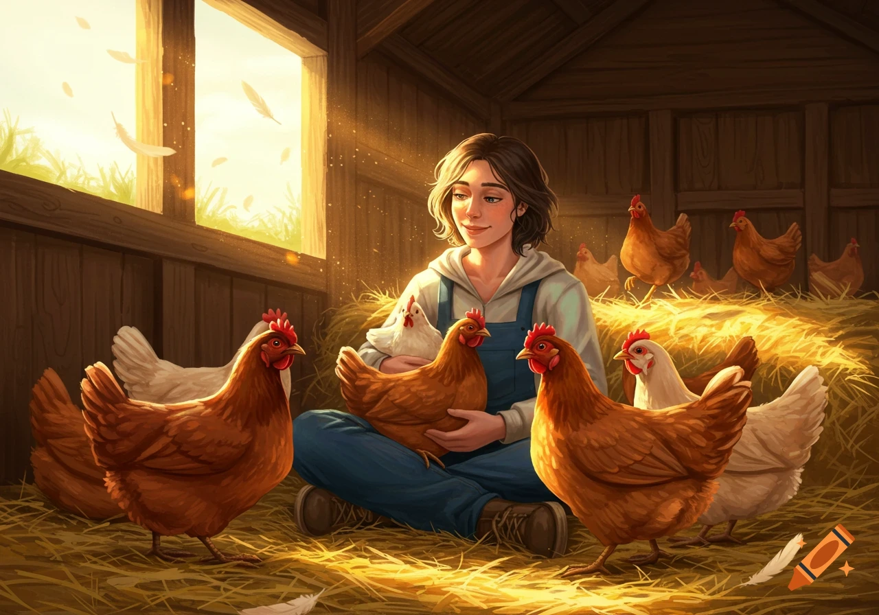 A young woman sits in a sunlit barn, holding a chicken surrounded by others on hay, in an illustrated style.