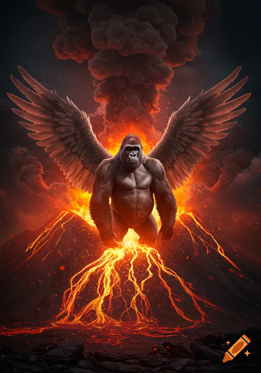 A majestic, muscular gorilla with large brown angel wings stands atop an erupting volcano, surrounded by fiery lava and dark smoke.