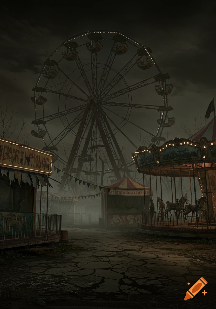 A dark, eerie, abandoned carnival scene at night with a large Ferris wheel, a carousel, and rundown booths under a cloudy sky.