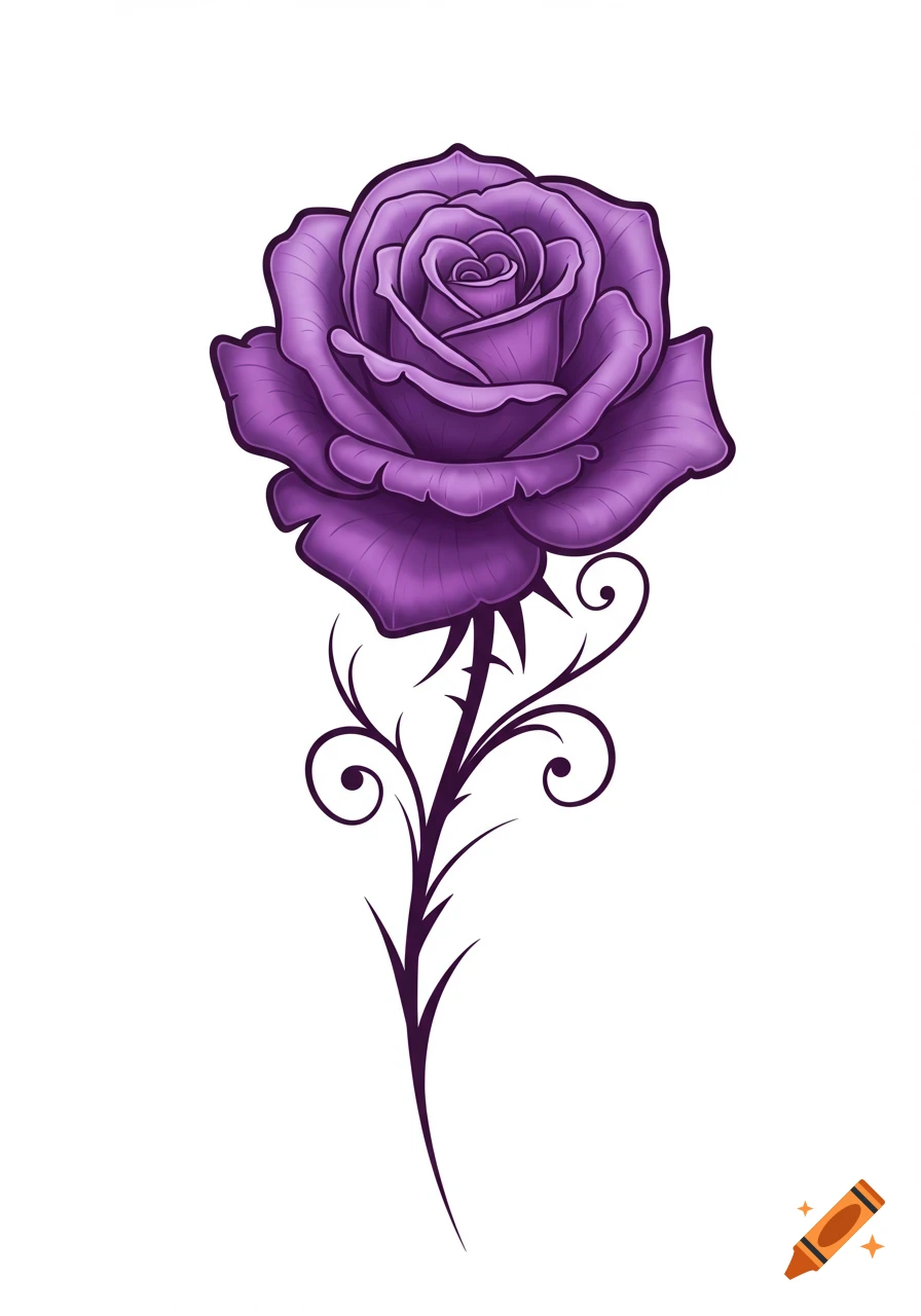A detailed illustration of a purple rose with a thorny, swirling stem, on a white background.