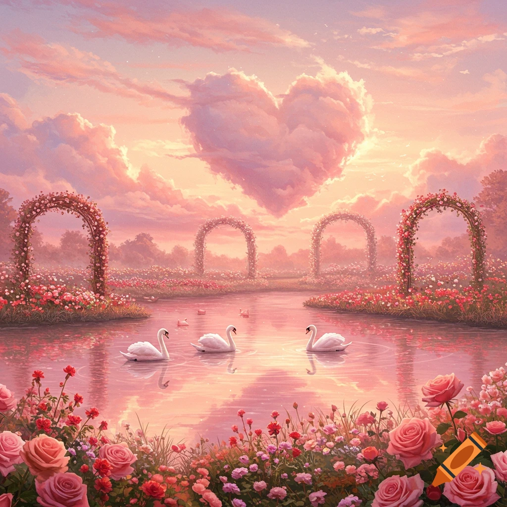 A dreamy fantasy landscape with a heart-shaped cloud, three swans on a pink lake, and lush pink and red flowers with rose arches.