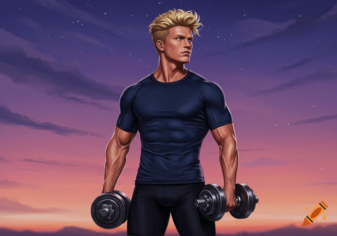 A muscular man with blonde hair in a navy blue shirt and black shorts holds dumbbells against a twilight sky in an illustration style.