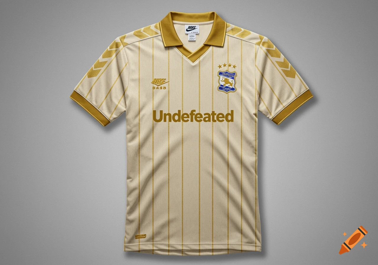A beige and gold striped soccer jersey with a gold collar and cuffs, featuring a Nike logo, an Undefeated sponsor, and a Birmingham City F.C. crest.
