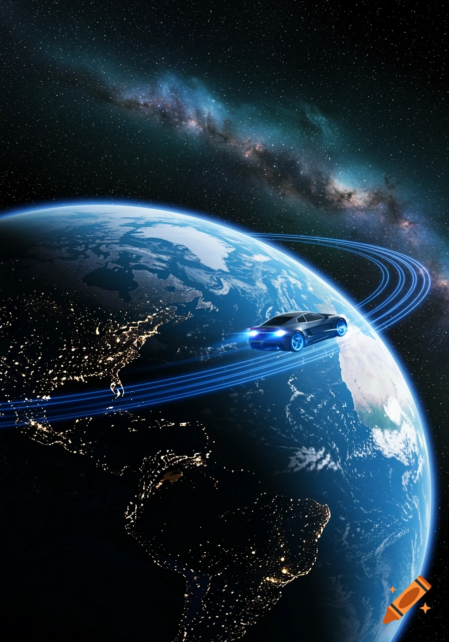 A futuristic car with glowing blue trails orbits a vividly lit Earth in deep space with a galaxy in the background.
