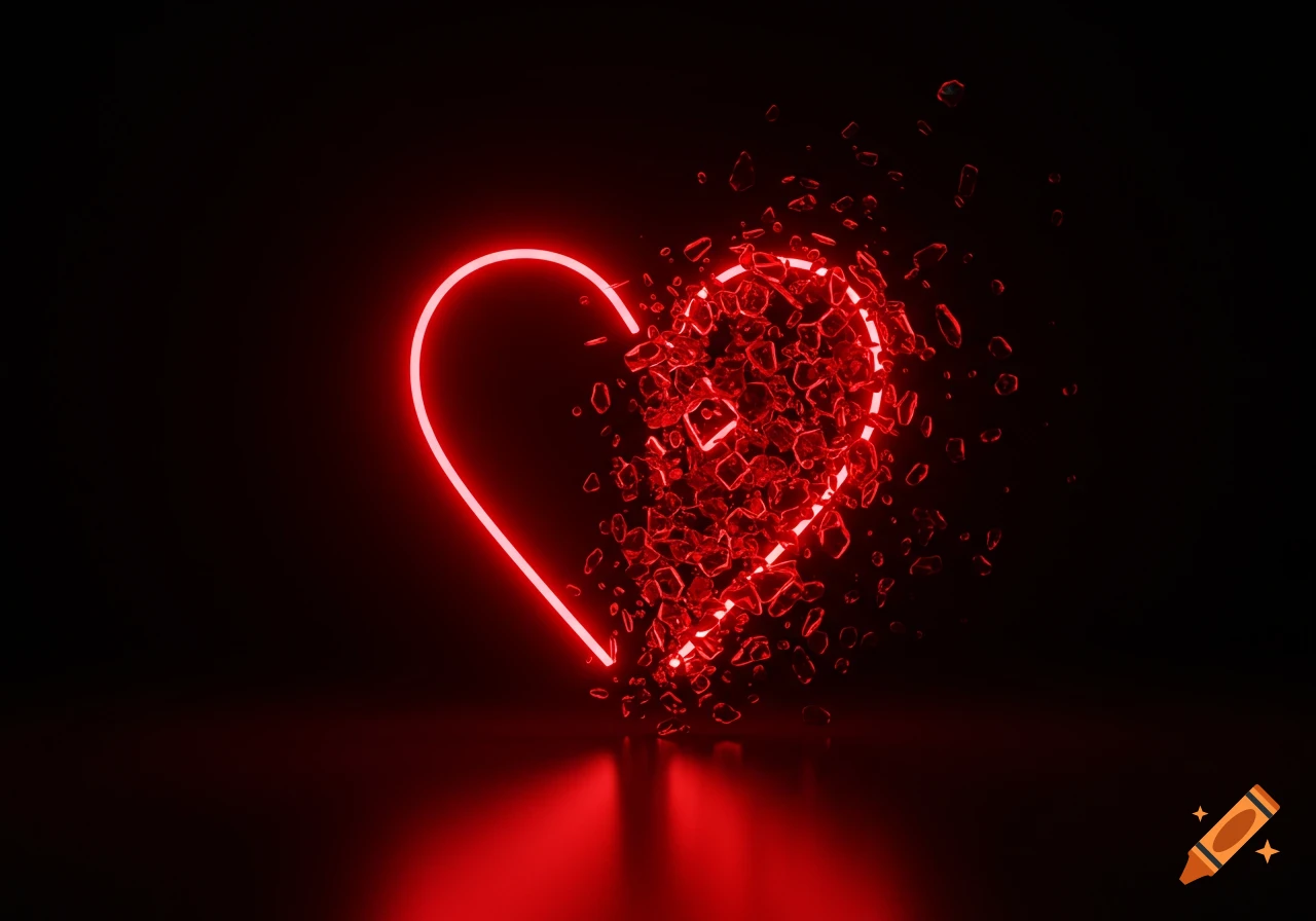 A glowing red neon heart, with its right half appearing to shatter into red crystal shards, against a dark black background.