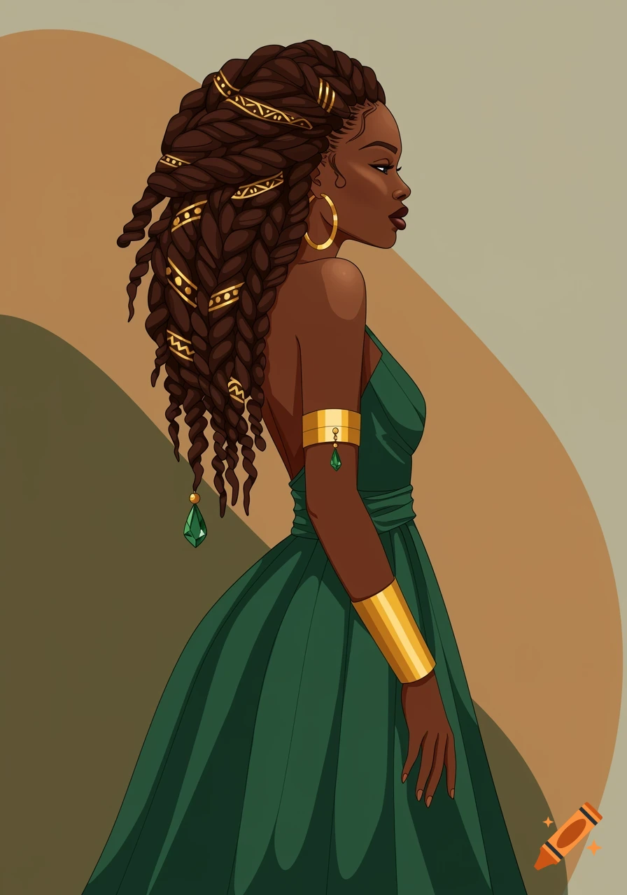 An elegant woman in profile, wearing an emerald green gown and gold jewelry, with intricate braided hair adorned with gold cuffs.
