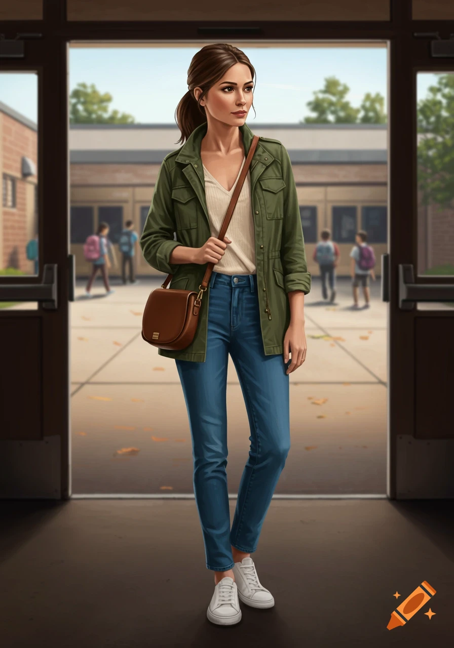 A stylish woman in a green utility jacket, beige blouse, blue jeans, and white sneakers stands in a school courtyard.