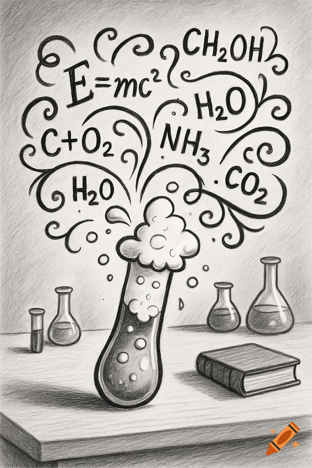 Black and white pencil drawing of a bubbling test tube with chemistry equations floating above it, on a table with beakers and a book.