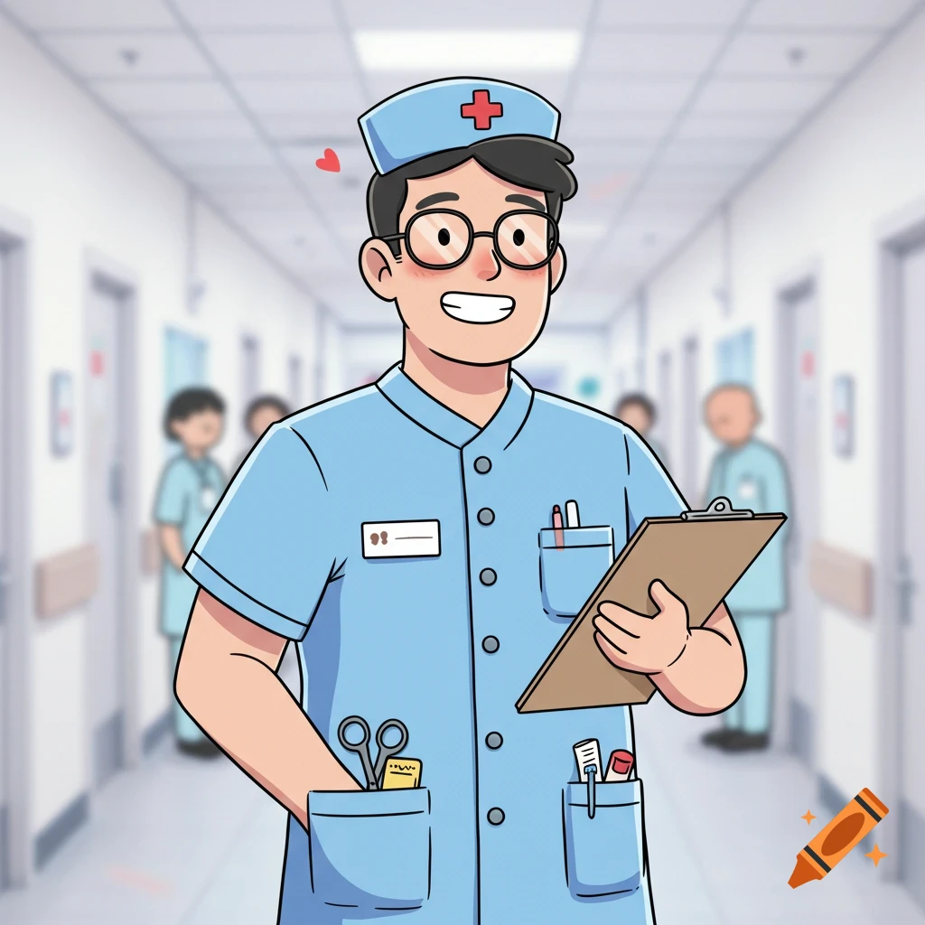 A smiling male cartoon nurse wearing glasses and a light blue uniform stands in a hospital hallway, holding a clipboard.