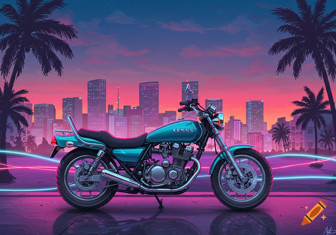 A teal motorcycle parked against a Miami Vice-style cityscape at sunset with palm trees and neon lights.