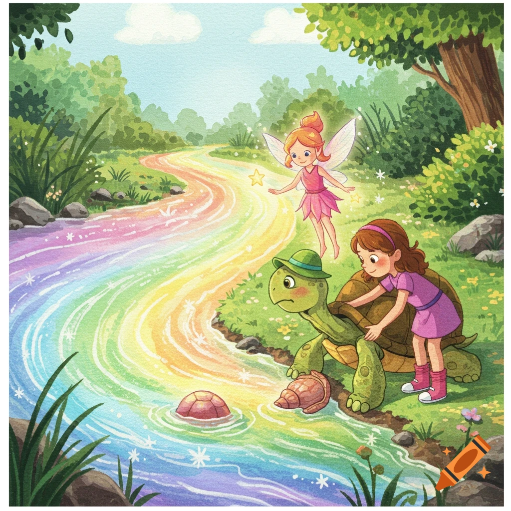A watercolor illustration of a girl helping a turtle by a sparkling rainbow river, with a fairy floating above them in a whimsical forest.