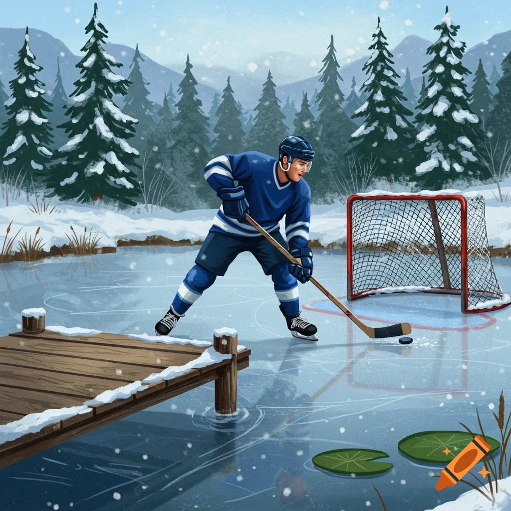 Illustrated hockey player on a frozen pond aiming at a net, surrounded by snowy pine trees and a wooden dock.