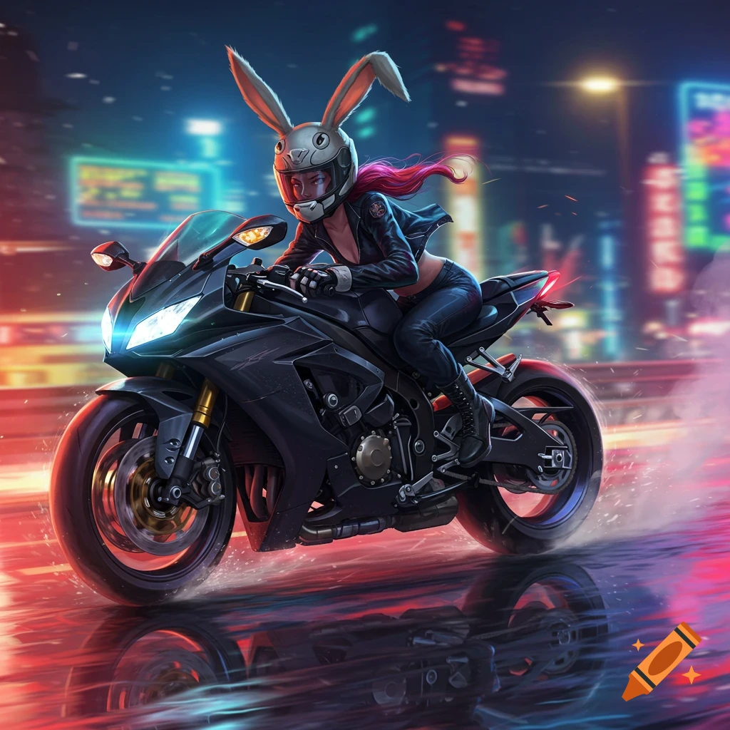 A female character in a bunny helmet rides a black sport bike on a wet city street at night, illuminated by neon lights.