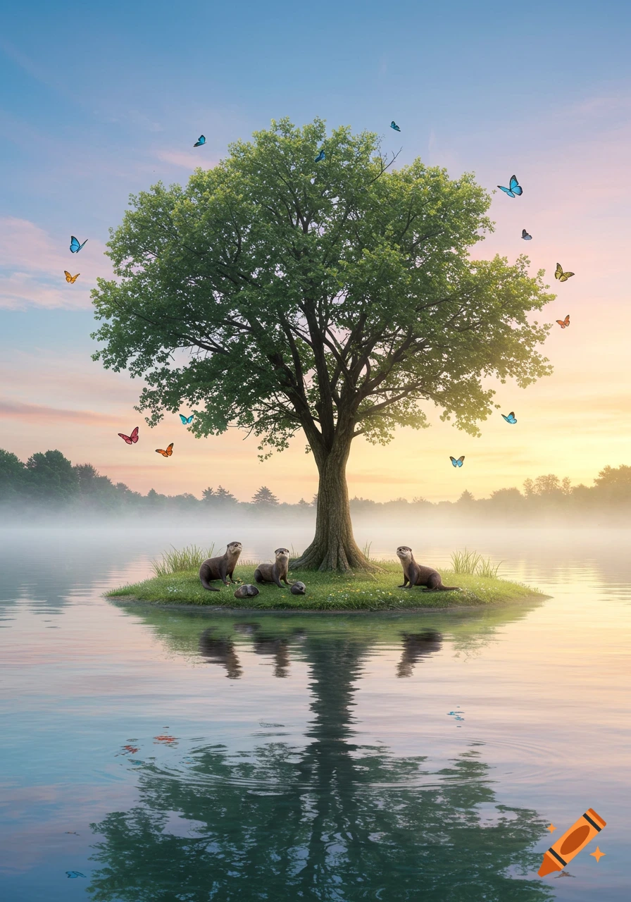 Photorealistic scene of otters on a small island with a tree in a misty lake at sunset, with butterflies in the sky.