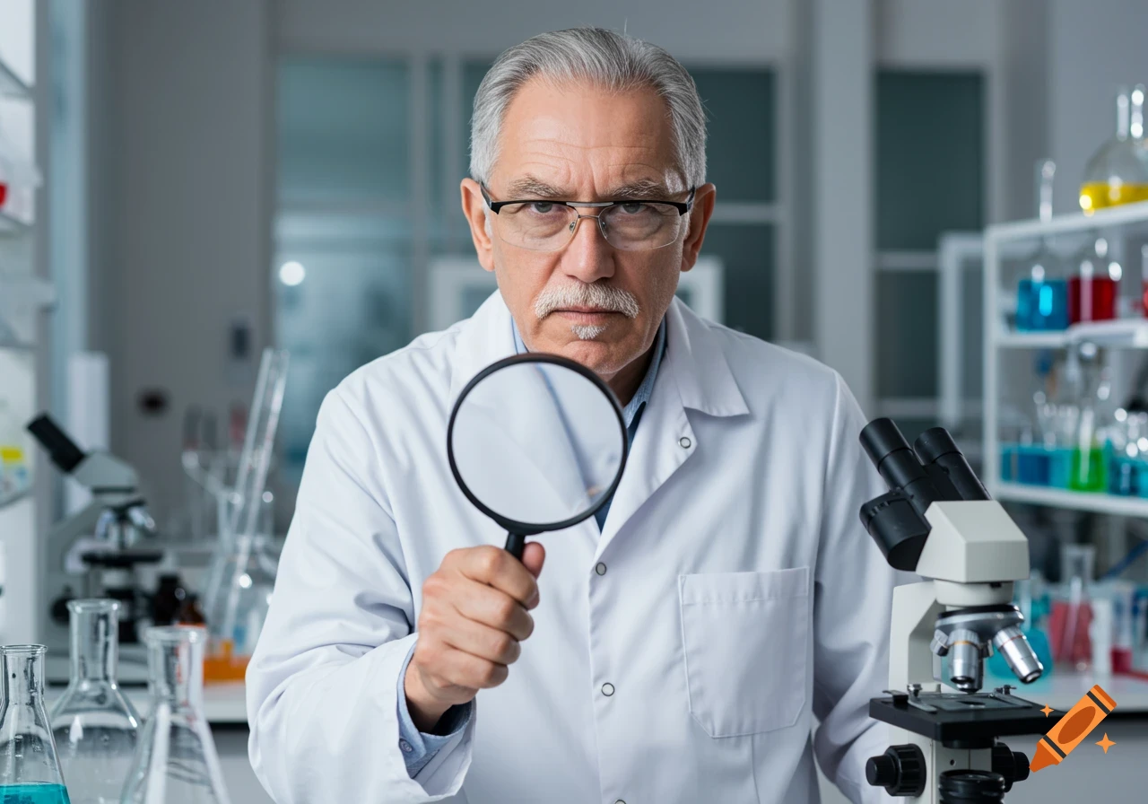 An elderly male scientist with gray hair and glasses wearing a lab coat, holding a magnifying glass and looking intently forward in a bright laboratory.
