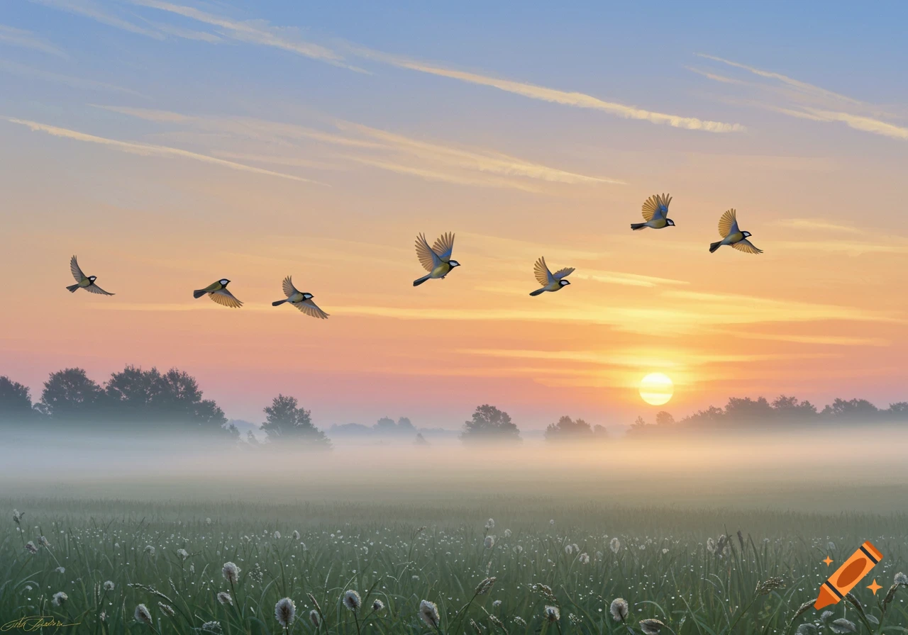 Birds flying over a misty field at sunrise with a vibrant sky.